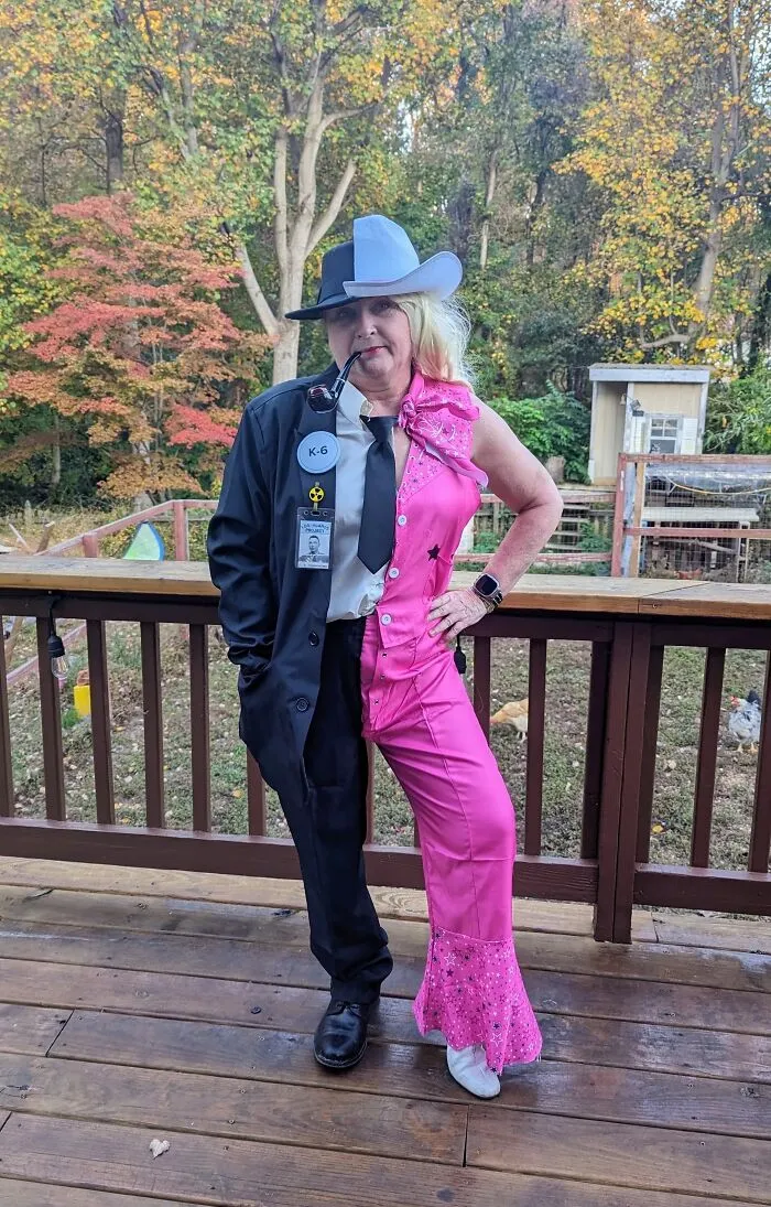 Woman wearing a split Barbenheimer outfit showcasing clever Halloween costumes design