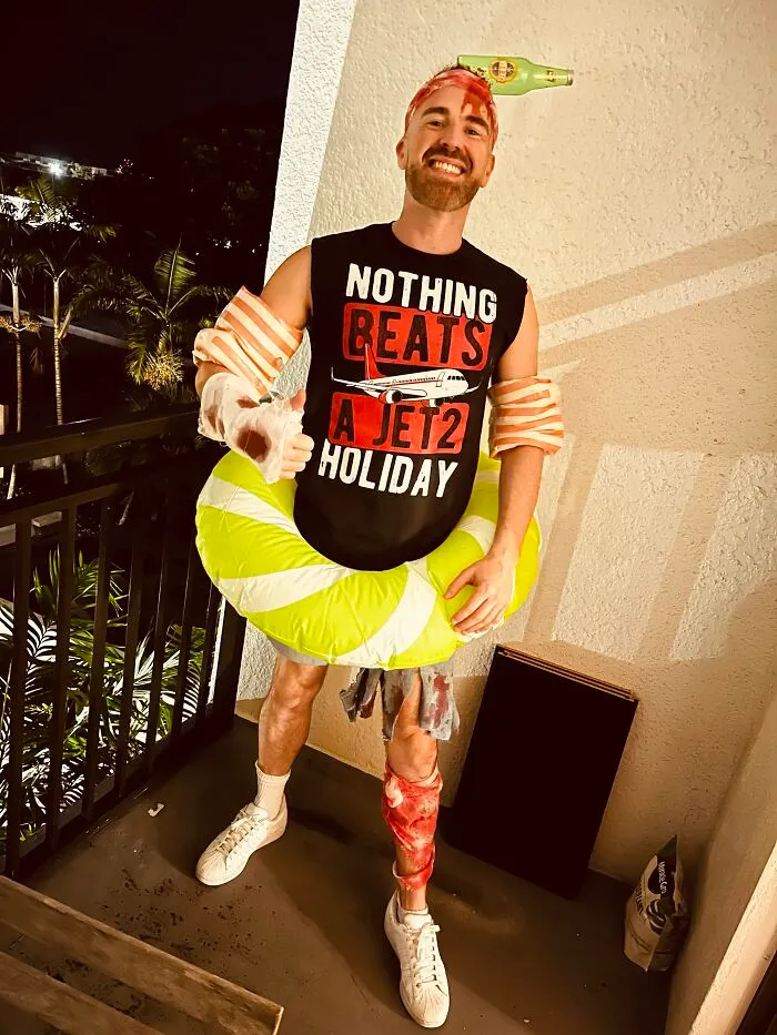 Man wearing a funny Jet2 holiday outfit as a clever Halloween costumes option