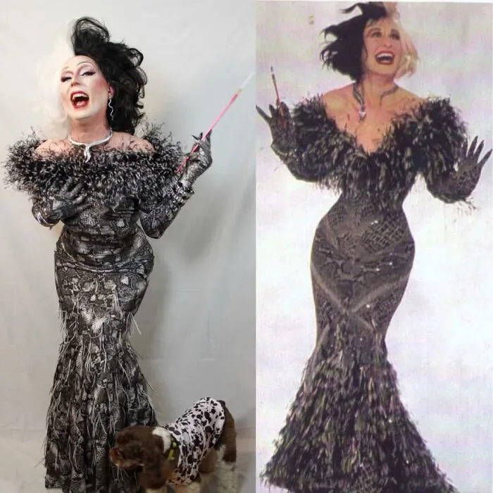 Side-by-side comparison of detailed Cruella de Vil Halloween costumes