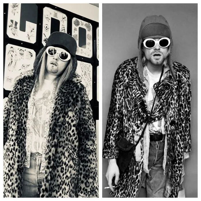 Person wearing a Kurt Cobain Halloween costume side-by-side with the original iconic image.
