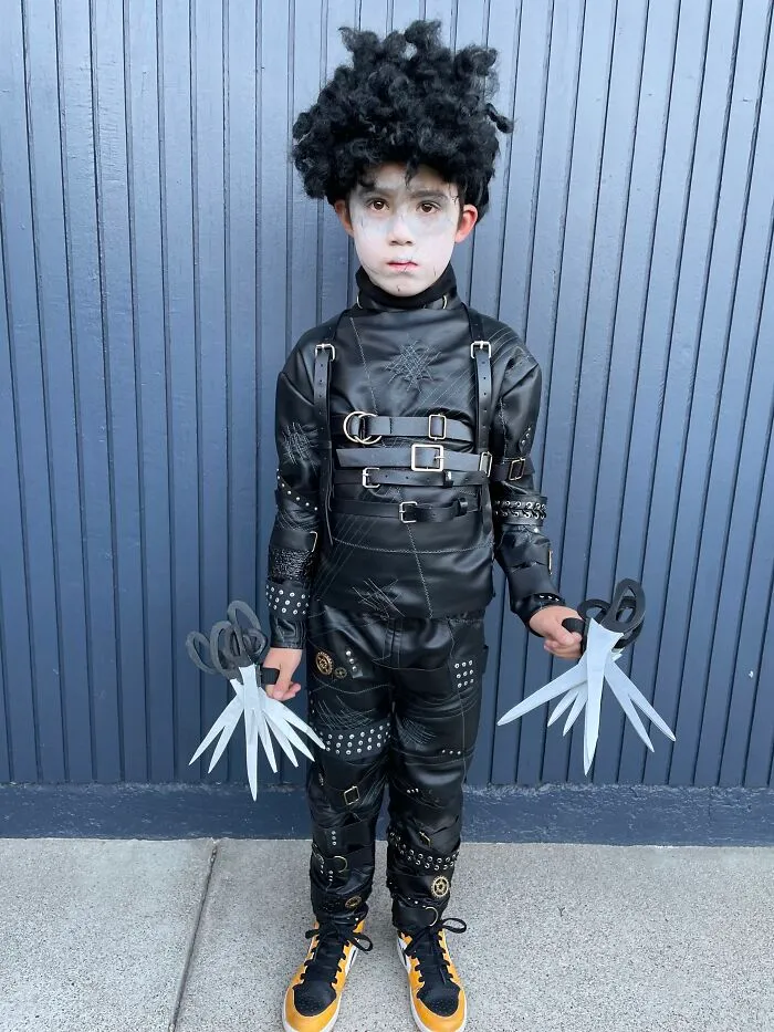 Child dressed in a detailed Edward Scissorhands outfit, showcasing creative Halloween costumes.