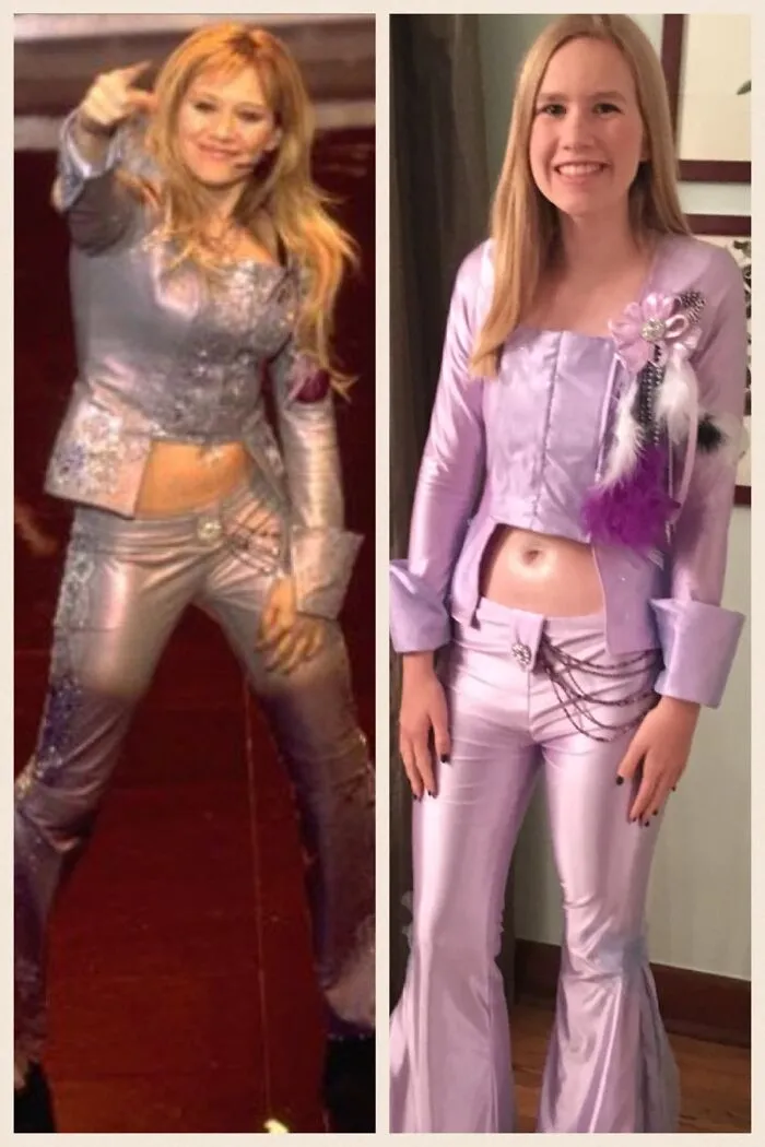 Side by side comparison of a pop star outfit and a girl recreating it for creative Halloween costumes.