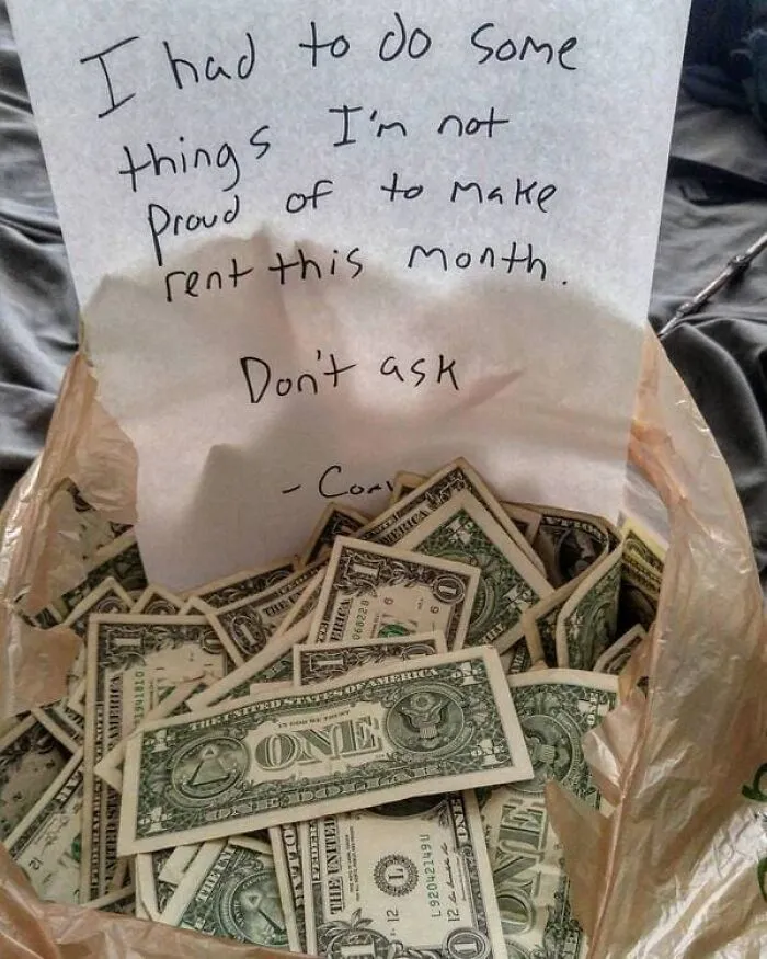 Roommate stories with a plastic bag of one dollar bills and a humorous rent note.