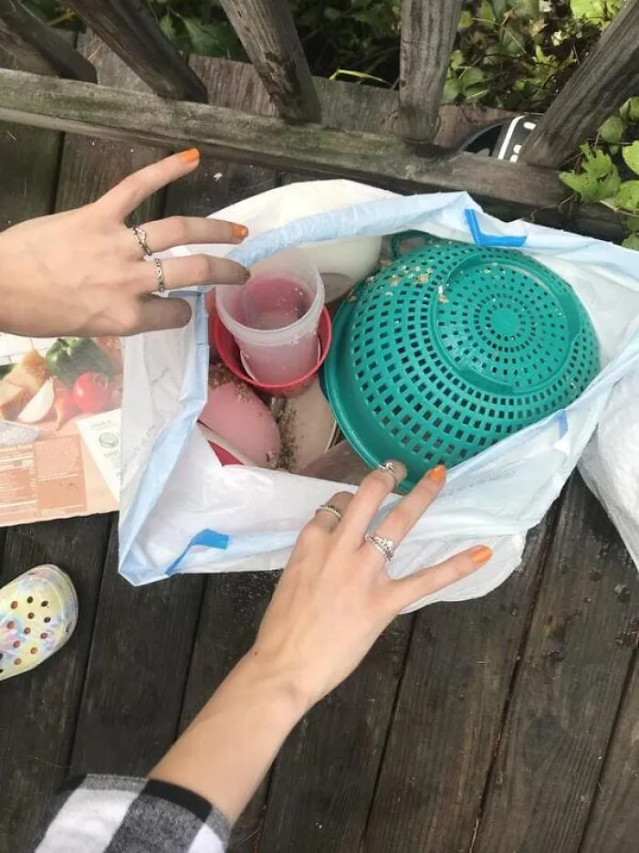 Roommate stories showing moldy dishes packed inside a plastic bag outdoors.