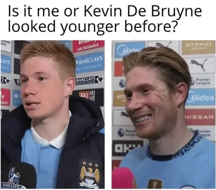 Meme comparing younger and older photos of Kevin De Bruyne footballer