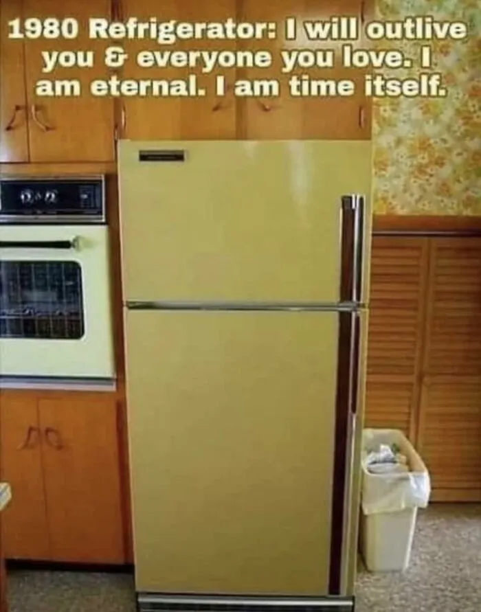A vintage yellow refrigerator in an old-fashioned kitchen, featured in 80s kids nostalgic photos