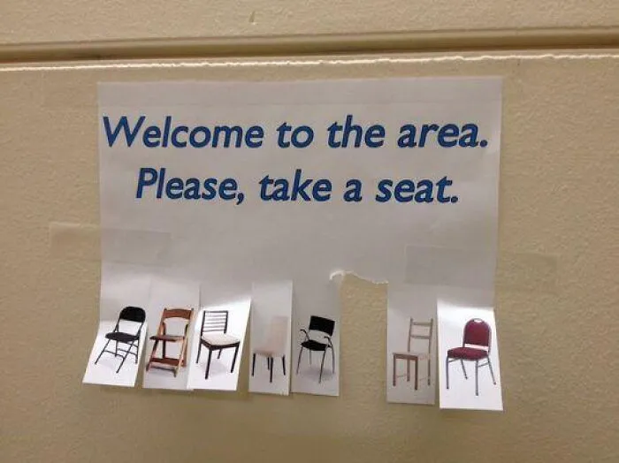 A printed sign with tear-off tabs featuring pictures of chairs, showcasing amusing advertising fails.
