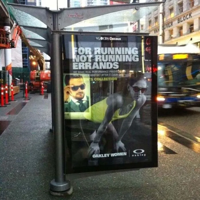Funny mirror pics alignment on street advertisement showing a man head on a woman body.