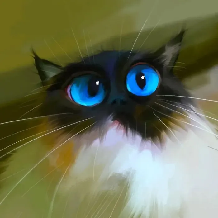 Caricature of fluffy cat with striking bright blue eyes