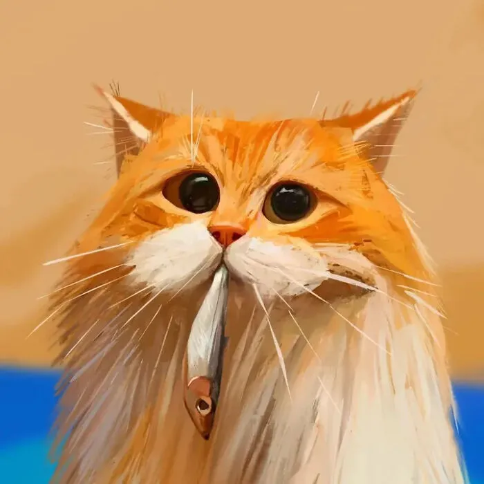 Exaggerated cat caricature with a fish in its mouth in digital art style