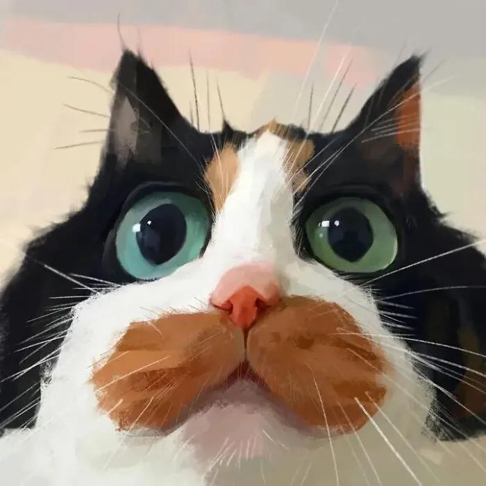 Fun caricature of a calico cat with large green eyes
