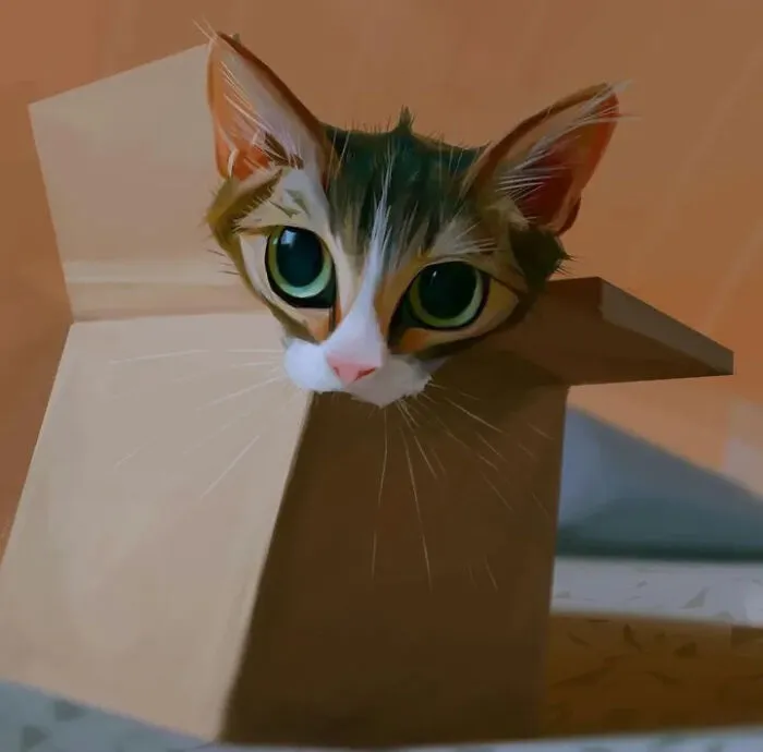 Cat with large green eyes peeking out of a cardboard box illustration