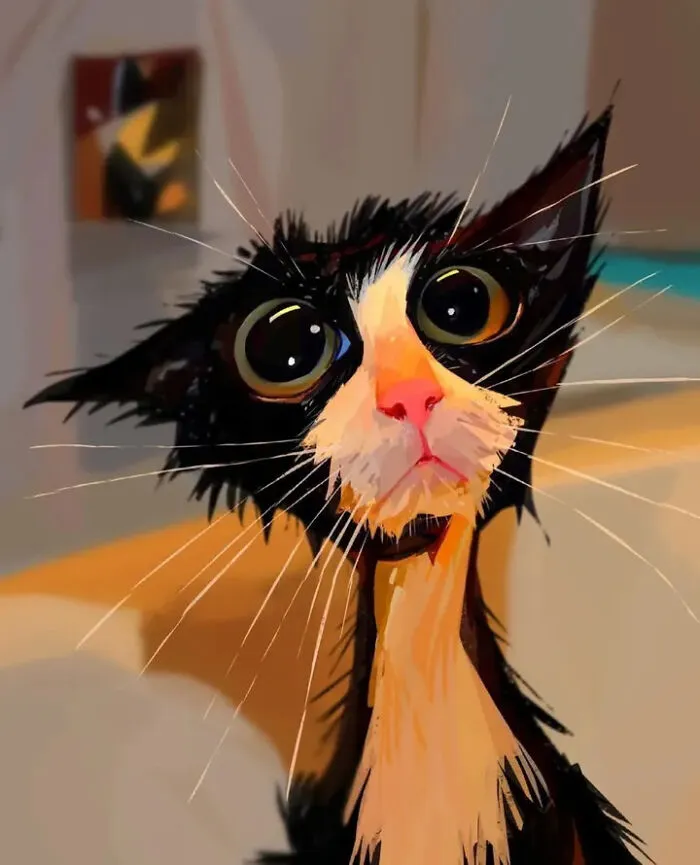 Exaggerated cartoon of a wet black and white cat with large eyes