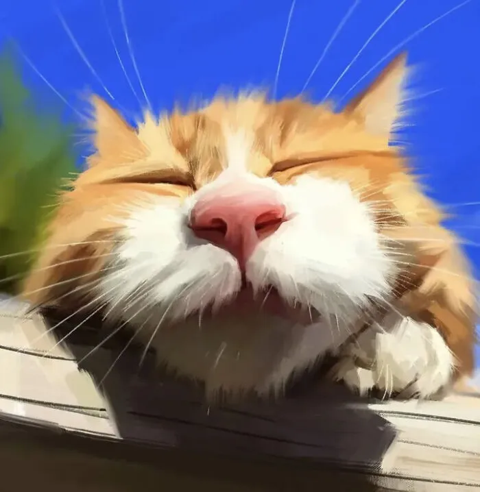 Close-up of smiling cat caricature against blue sky in digital art