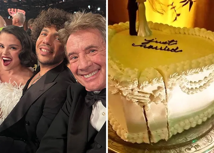 Selena Gomez alongside guests, featuring a cake from celebs wedding guests moments.