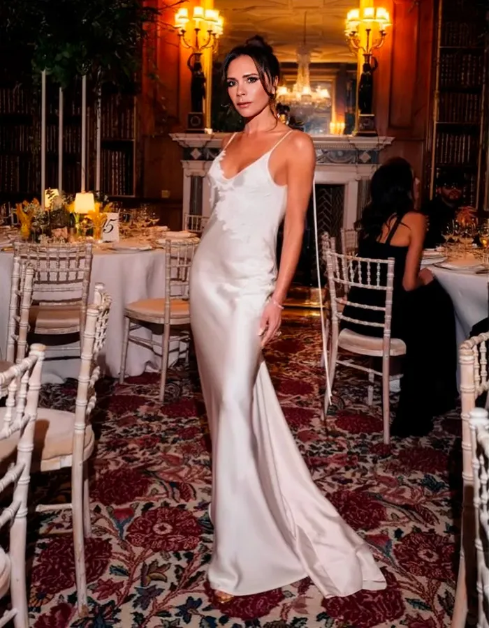 Victoria Beckham posing in a sleek white dress, upstaging the bride at an event.
