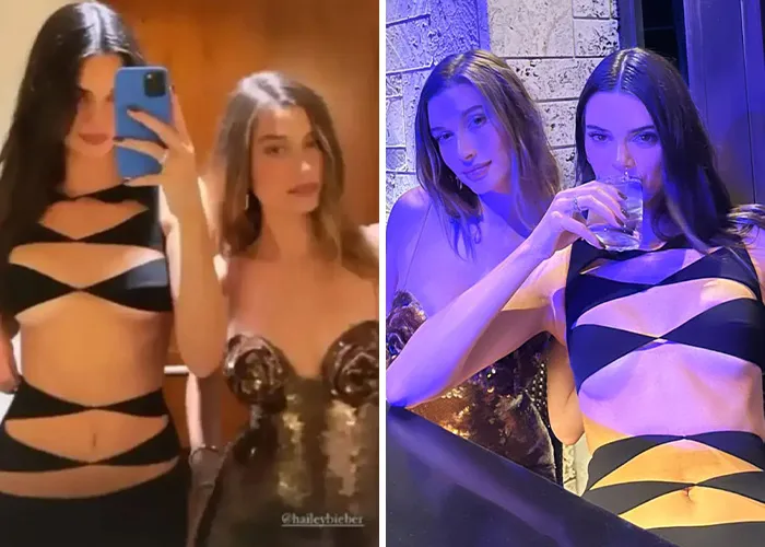 Kendall Jenner wearing a revealing black cutout dress beside Hailey Bieber as controversial wedding guests.