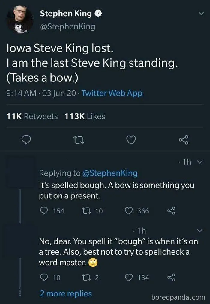Twitter exchange where a user wrongly corrected Stephen King on the spelling of the word bow.