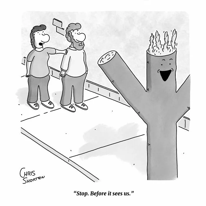 Single-panel comic by Chris Shorten showing two people avoiding a waving tube man on the sidewalk.