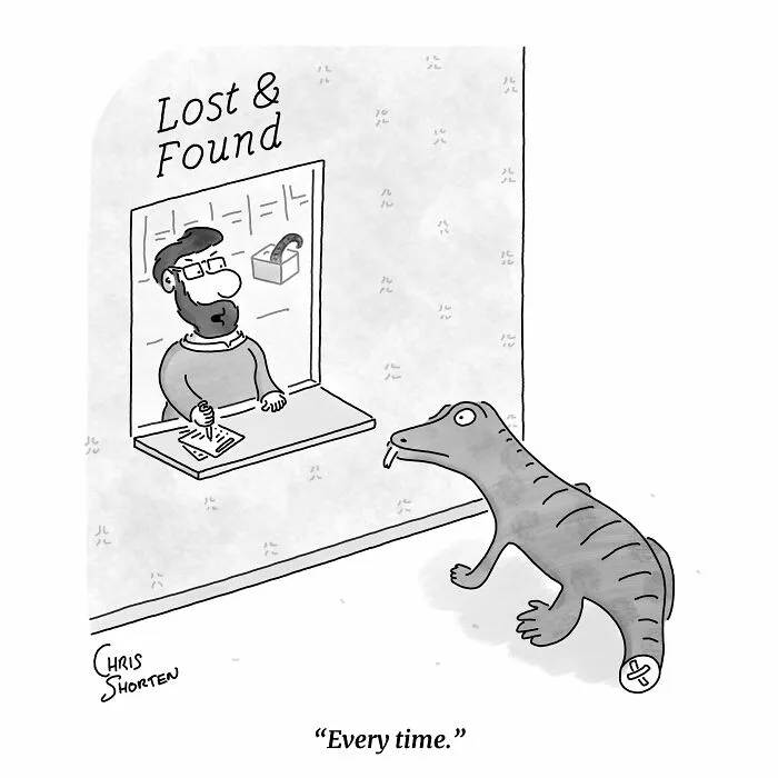 Chris Shorten single-panel comic featuring a lizard visiting a lost and found desk for its missing tail.