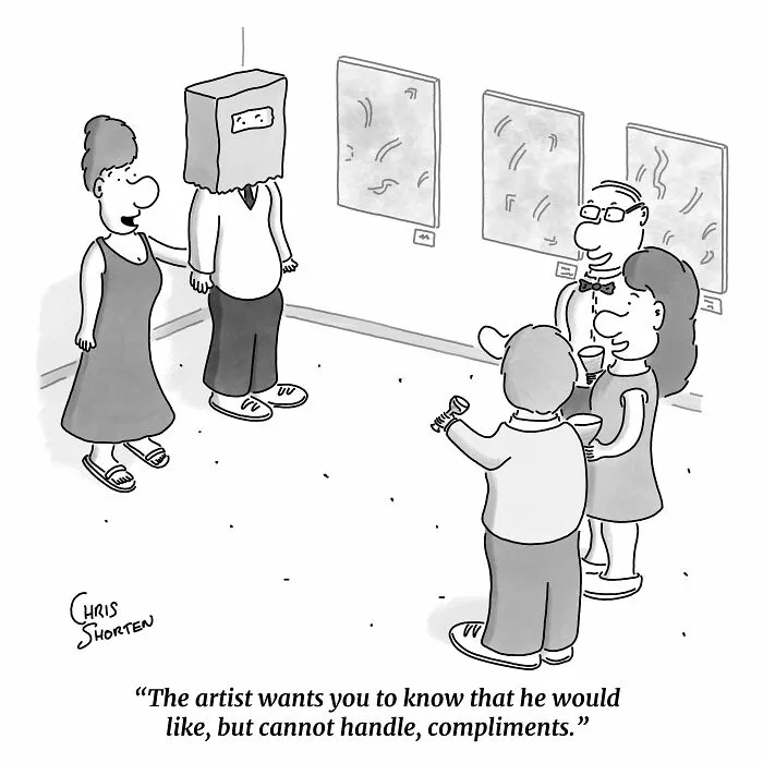 Single-panel comic by Chris Shorten about an artist standing in a gallery with a paper bag over his head.