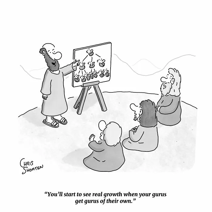 Chris Shorten single-panel comic depicting a prophet explaining a pyramid scheme to his followers.