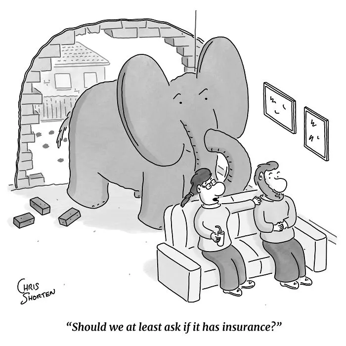 Single-panel comic by Chris Shorten showing a large elephant crashing through a living room wall near a couple on a couch