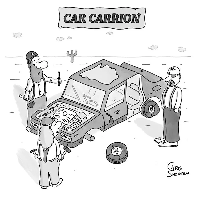 Mechanics examining a broken vehicle in a single-panel comic titled Car Carrion by Chris Shorten