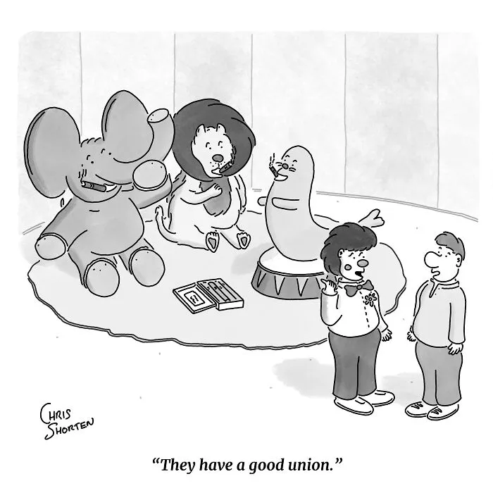 Chris Shorten single-panel comic featuring circus animals smoking cigars while talking to people.