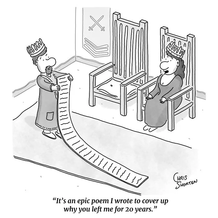 Single-panel comics by Chris Shorten showing a king reading a long poem scroll to a queen on her throne.