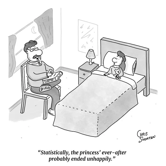 Single-panel comic by Chris Shorten depicting a man reading a bedtime story to a child in bed.