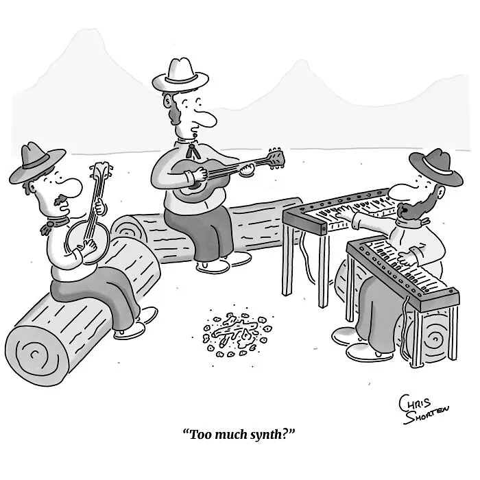 Single-panel comic by Chris Shorten showing cowboys around a campfire with one playing synthesizers.