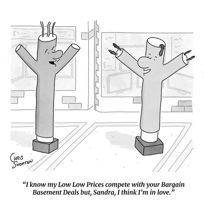 Two inflatable tube figures in a single-panel comic by Chris Shorten confessing their love outside stores