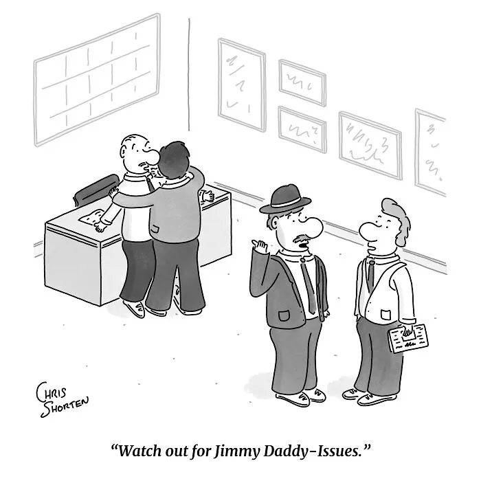 Single-panel comic by Chris Shorten displaying office workers watching a colleague hug their boss in an office setting