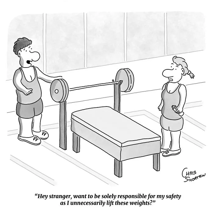 Single-panel comic by Chris Shorten depicting a man asking a woman to spot him while bench pressing at the gym