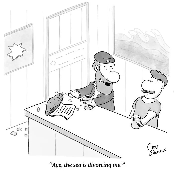 Single-panel comic by Chris Shorten showing a sailor receiving divorce papers from a seashell at a bar counter