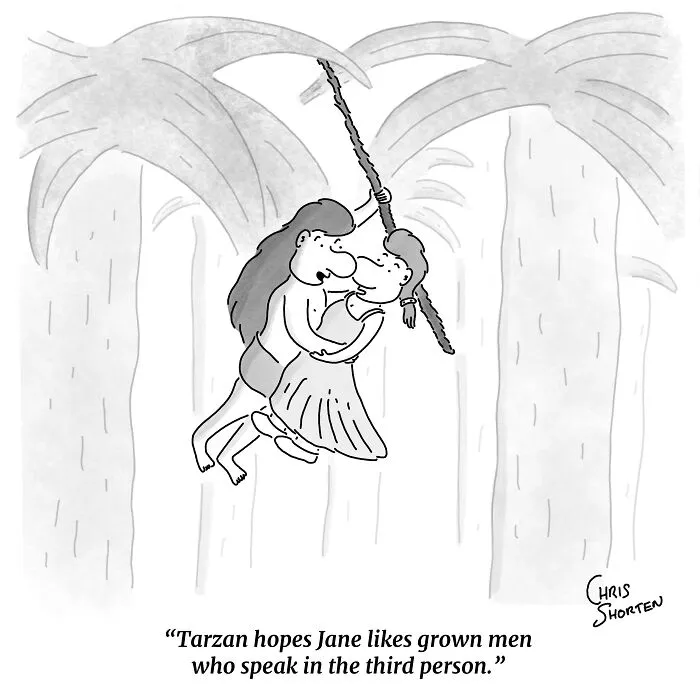 Tarzan swinging on a vine with Jane in jungle-themed single-panel comics by Chris Shorten.