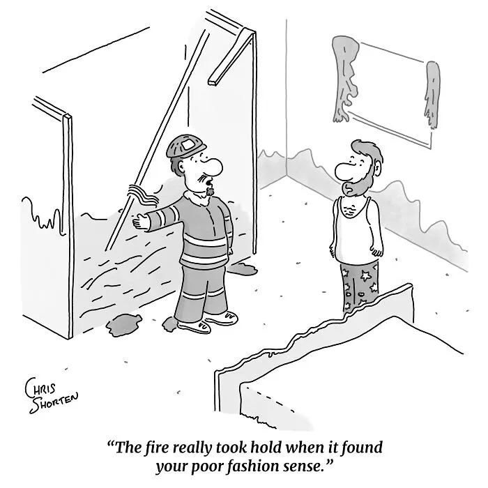 Firefighter talking to a homeowner in a burnt room in single-panel comics style by Chris Shorten.