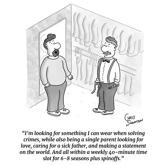 Single-panel comics illustration of a man talking to a tailor in a clothing store.