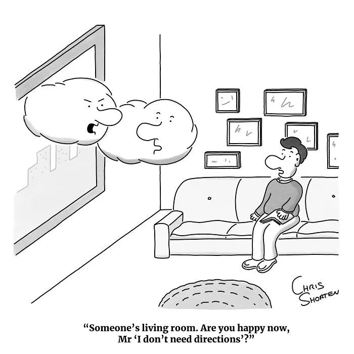 Single-Panel Comics By Chris Shorten showing talking clouds floating through an open living room window.