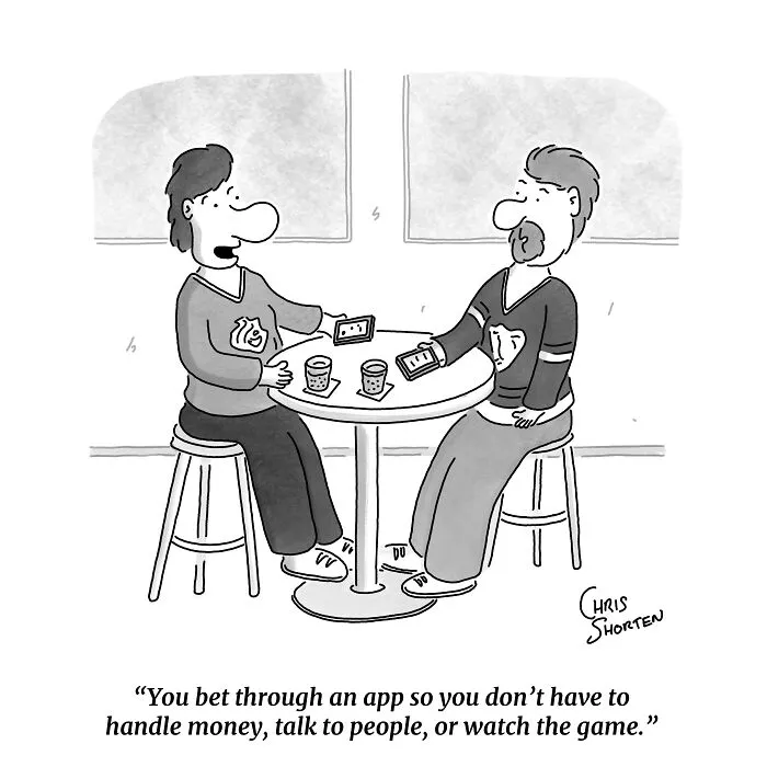 Single-Panel Comics By Chris Shorten showing two people sitting at a bar table using their smartphones.