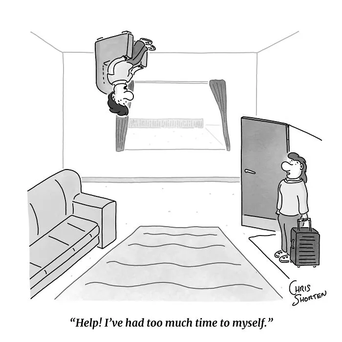 Single-Panel Comics By Chris Shorten featuring a man hanging upside down from the ceiling while talking to a woman.