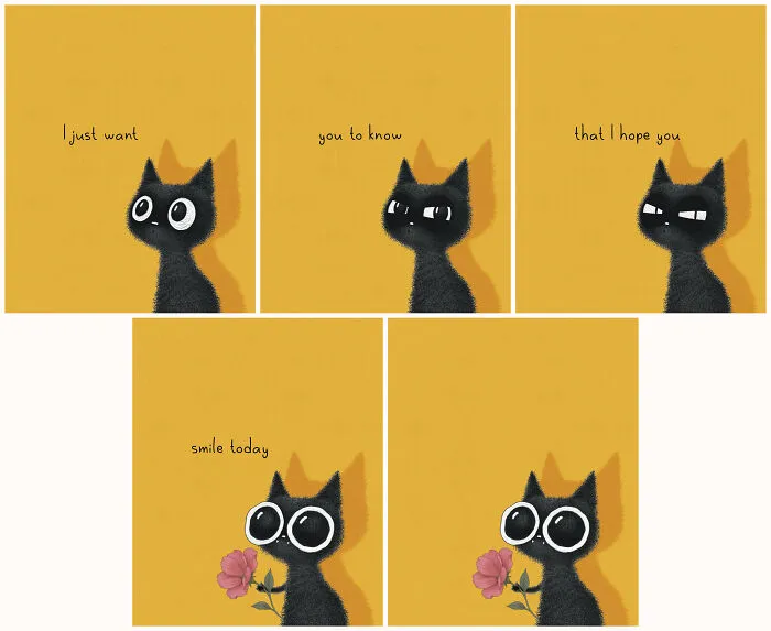 Five-panel cat illustrations by Luis Coelho featuring a black cat holding a pink flower on a yellow background.