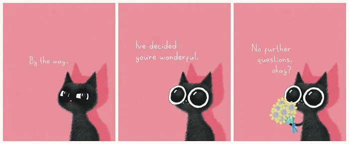 Three-panel cat illustrations by Luis Coelho depicting a black cat presenting a small yellow bouquet against a pink backdrop.