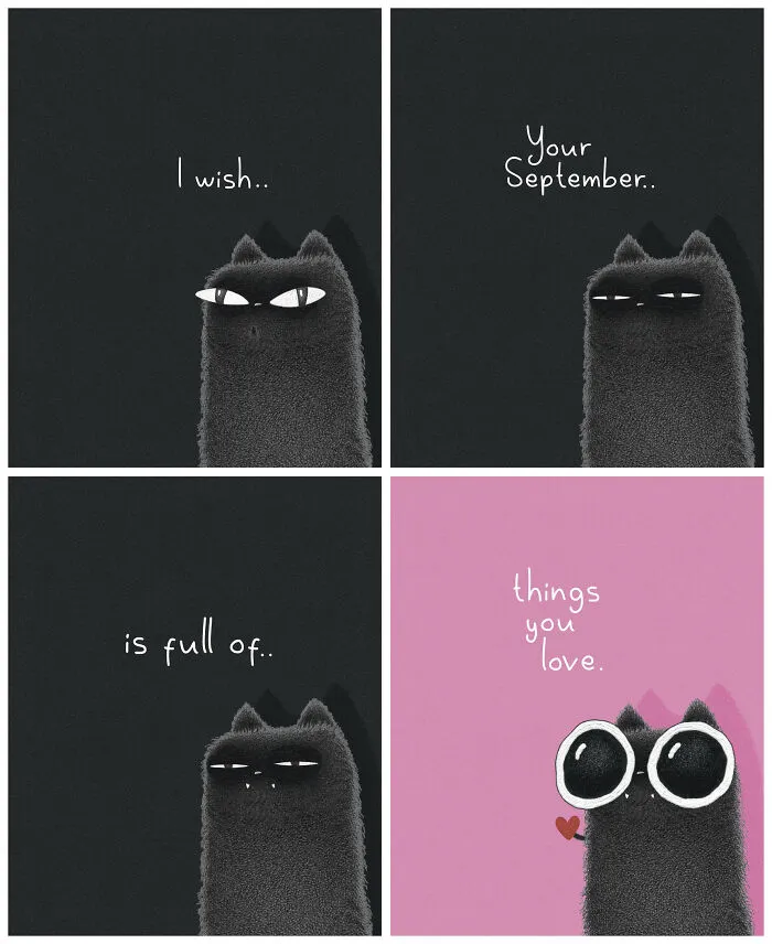 Four-panel cat illustrations by Luis Coelho showing a fluffy black cat wishing for a September filled with loved things.