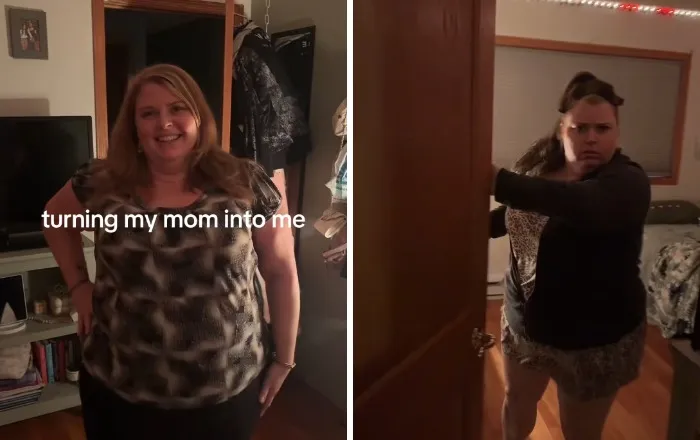 Side-by-side mother makeovers showing a smiling mom in a patterned blouse next to a stylish outfit with a crop top