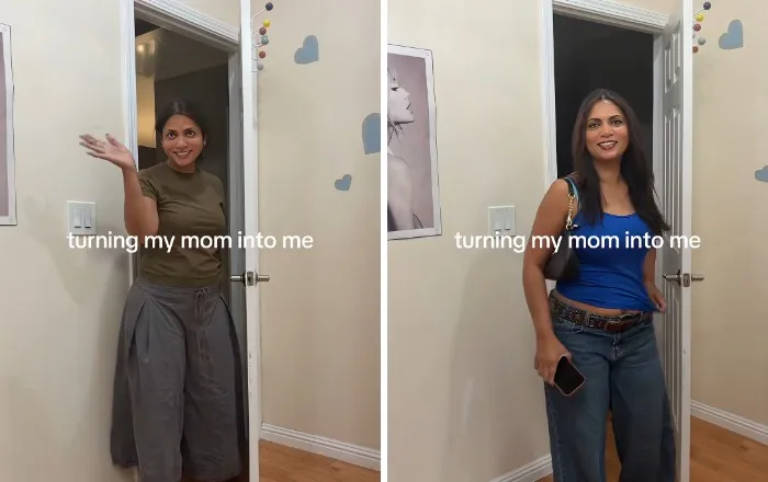 Mother makeovers showing a side-by-side of a mom in casual clothes and a trendy blue tank top with jeans