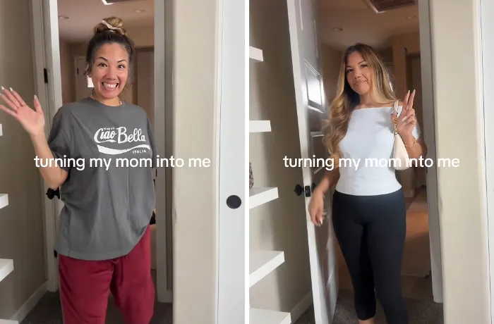 Before and after mother makeovers showing a casual grey tee and a stylish off-the-shoulder white top.