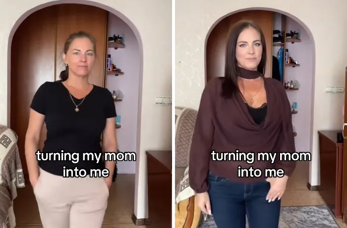 Side-by-side mother makeovers before in a black tee and after in a stylish brown off-the-shoulder top.