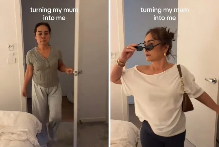 Mother makeovers showing before in casual pajamas and after in a stylish white shirt and sunglasses.